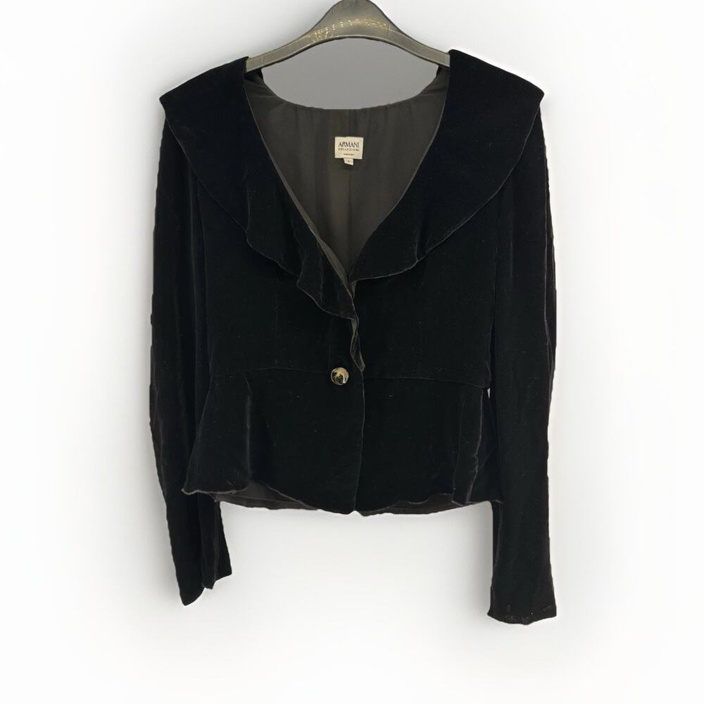 Armani Collezioni Jacket Womens Size 6 Black Velvet Blazer Ruffle Lapel - Picture 1 of 9
